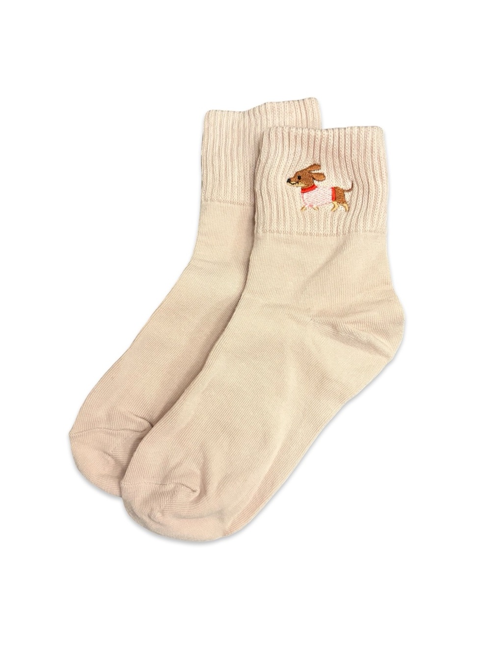 Dachshund Wiener Dog Embroidered Low Crew Socks Cream Ivory One Size